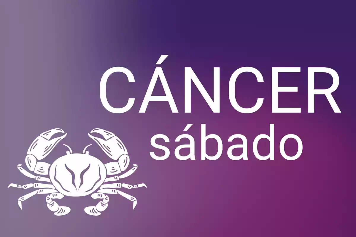 Fondo degradado morado con la palabra Cáncer en grande, la palabra sábado debajo y un dibujo de un cangrejo blanco a la izquierda.