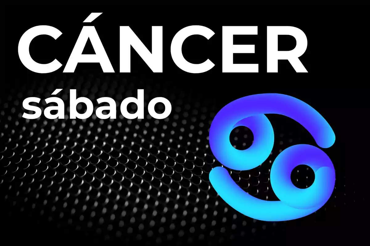 Imagen con la palabra Cáncer, la palabra sábado y el símbolo del signo zodiacal Cáncer en colores azul y morado sobre un fondo negro con patrón de puntos.