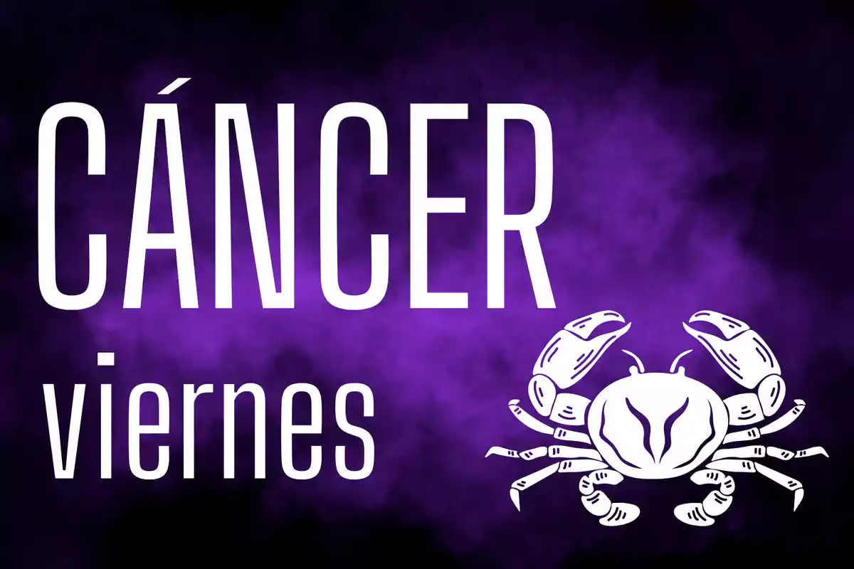 Fondo morado con la palabra Cáncer en grande, la palabra viernes debajo y un dibujo de un cangrejo blanco a la derecha