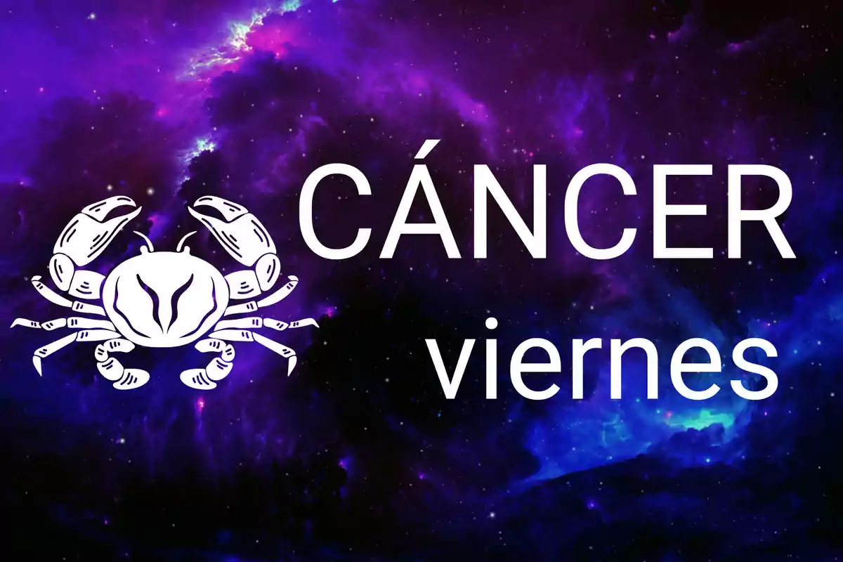 Cangrejo blanco representando el signo zodiacal Cáncer con las palabras Cáncer y viernes sobre un fondo de galaxia púrpura y azul