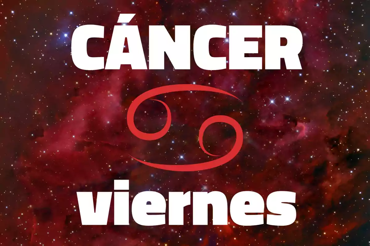 Fondo de galaxia roja con la palabra Cáncer en la parte superior, el símbolo zodiacal de Cáncer en el centro y la palabra viernes en la parte inferior.