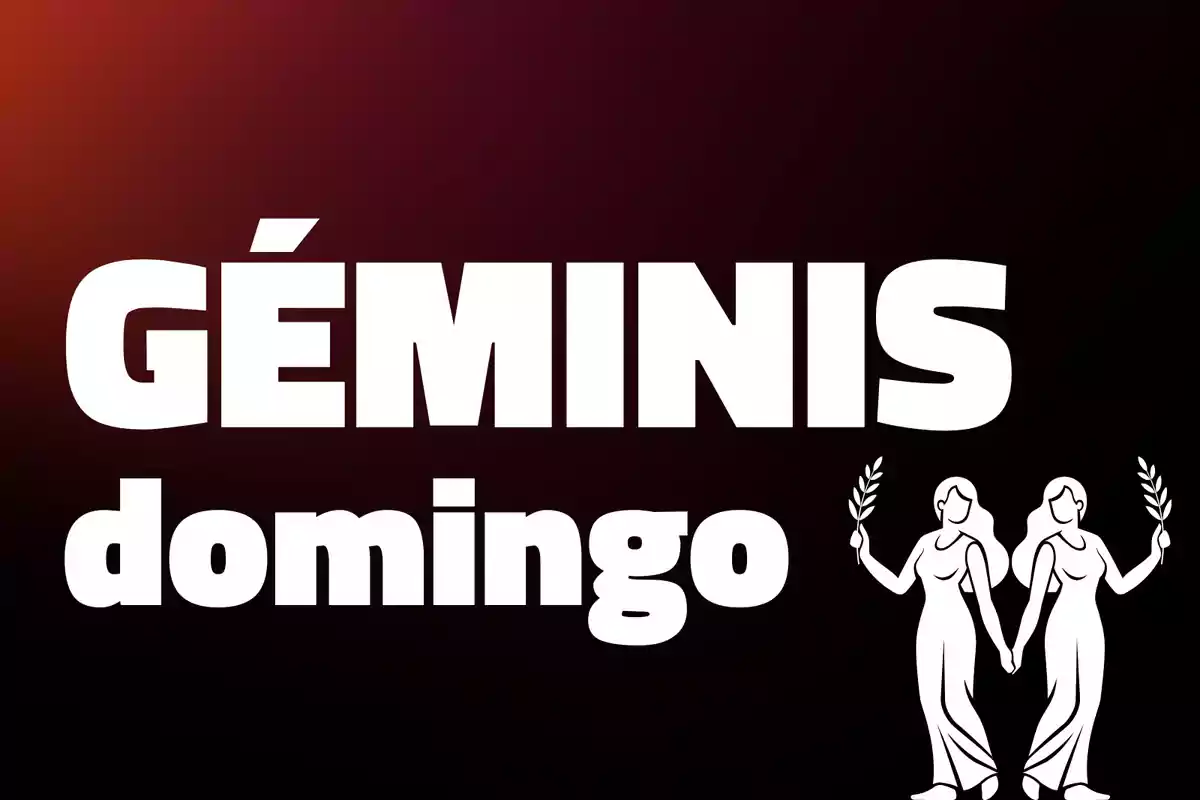 Fondo oscuro con las palabras Géminis domingo en letras grandes y dos figuras femeninas blancas tomadas de la mano