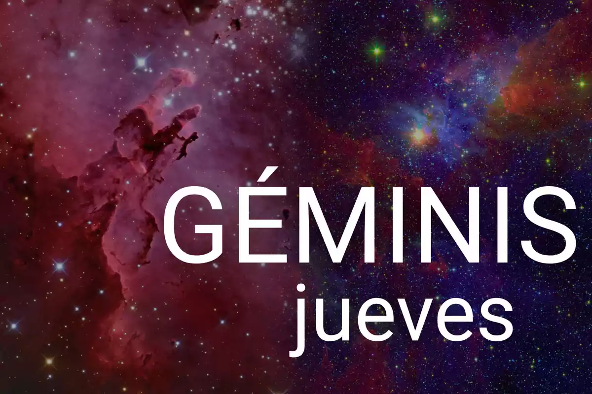 Fondo de galaxias y estrellas con las palabras Géminis jueves en letras grandes blancas