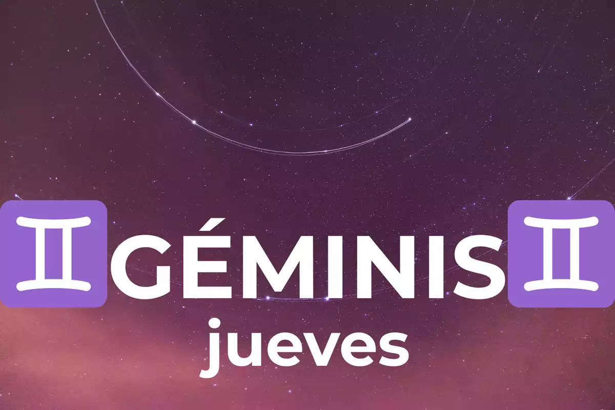 Fondo de cielo estrellado con el texto Géminis jueves y símbolos del signo zodiacal géminis en color morado.