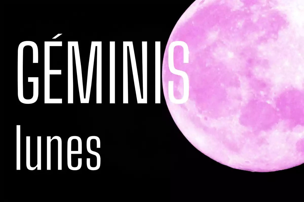Texto "Géminis lunes" en letras blancas sobre fondo negro con una luna rosa a la derecha.