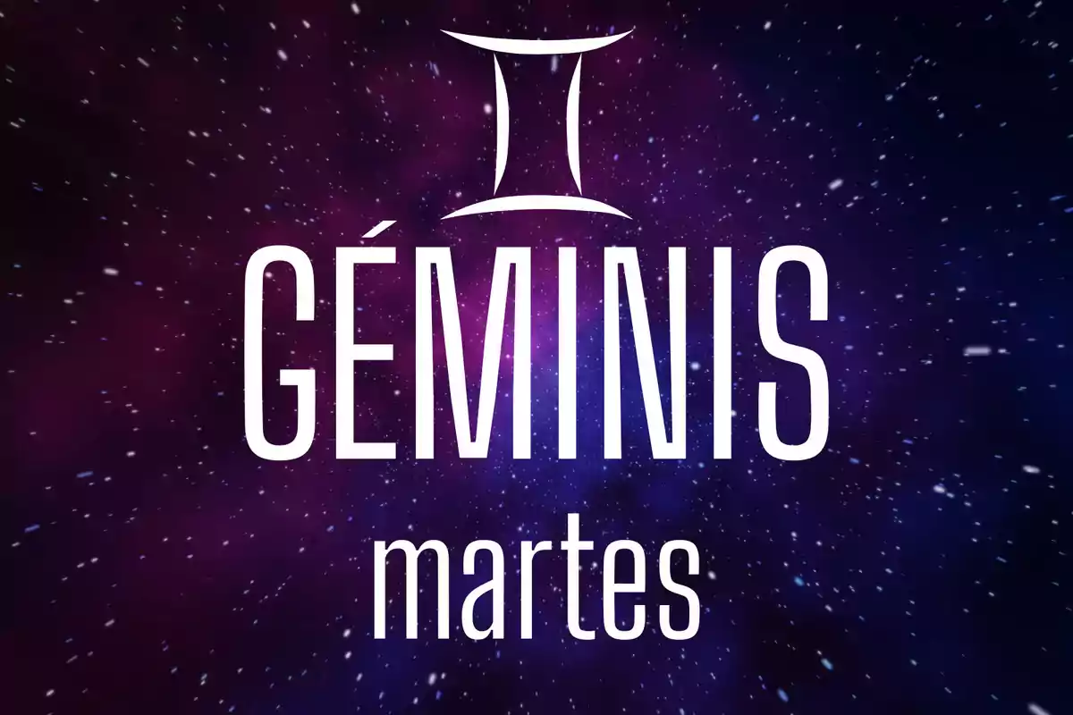 Fondo estrellado con la palabra Géminis y el día martes en letras grandes y blancas