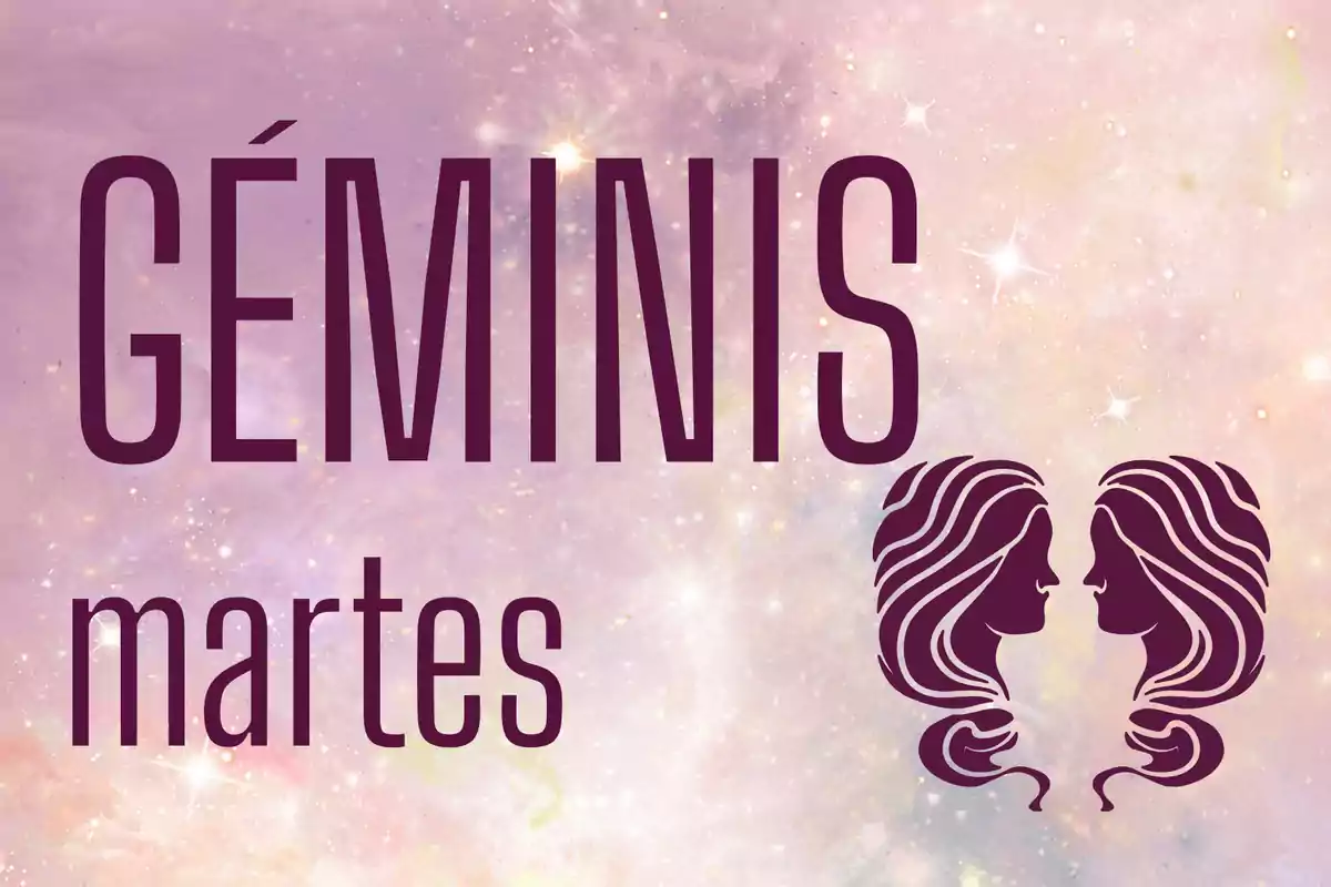 Imagen con fondo de estrellas y tonos pastel que muestra la palabra Géminis, el día martes y el símbolo de dos rostros enfrentados representando el signo zodiacal.