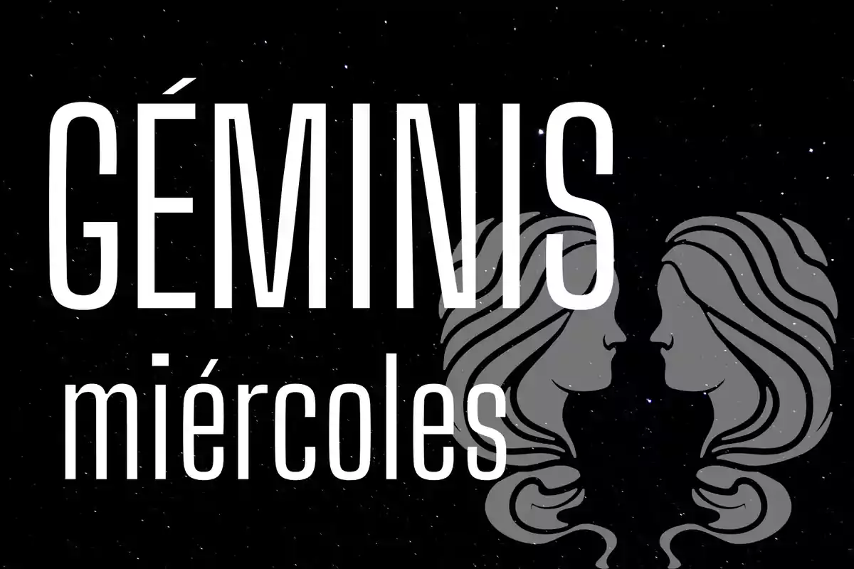 Imagen con la palabra Géminis y miércoles sobre un fondo de estrellas y el símbolo de dos rostros enfrentados.