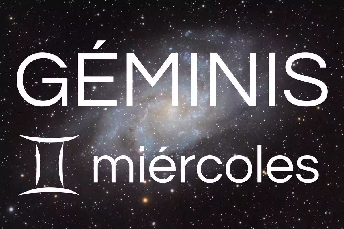 Fondo de galaxia con la palabra Géminis en grande, el símbolo del signo y la palabra miércoles en letras blancas.