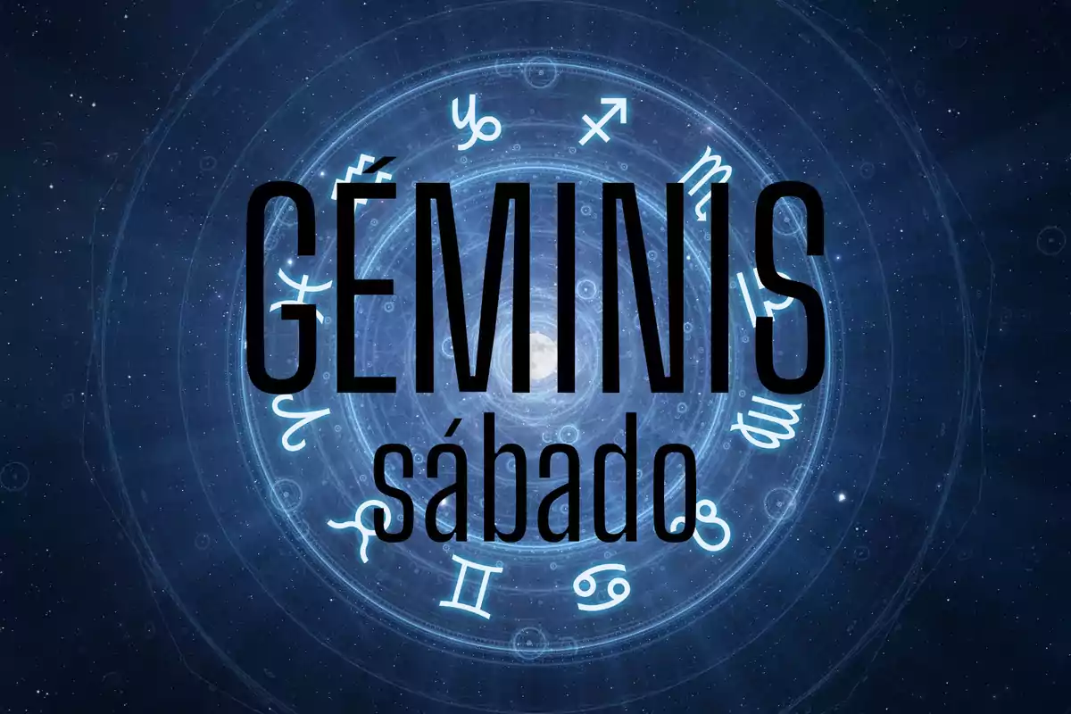 Imagen con la palabra Géminis y sábado sobre un fondo de signos zodiacales en tonos azules