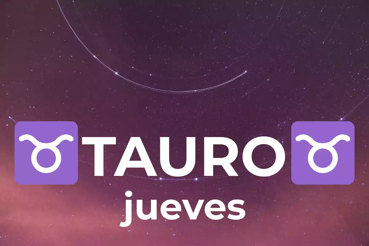 Fondo de cielo estrellado con la palabra Tauro y el símbolo del signo zodiacal junto a la palabra jueves