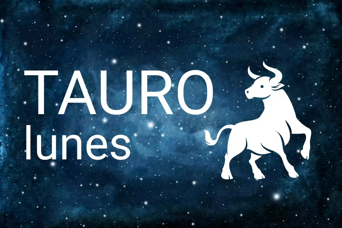 Fondo de estrellas con la palabra Tauro, lunes y la silueta de un toro blanco
