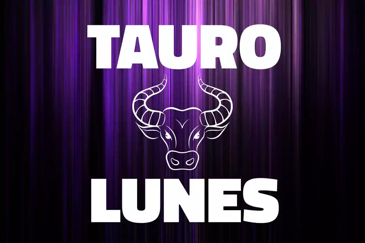 Fondo morado con líneas verticales, la palabra Tauro en la parte superior, un dibujo de cabeza de toro en el centro y la palabra Lunes en la parte inferior