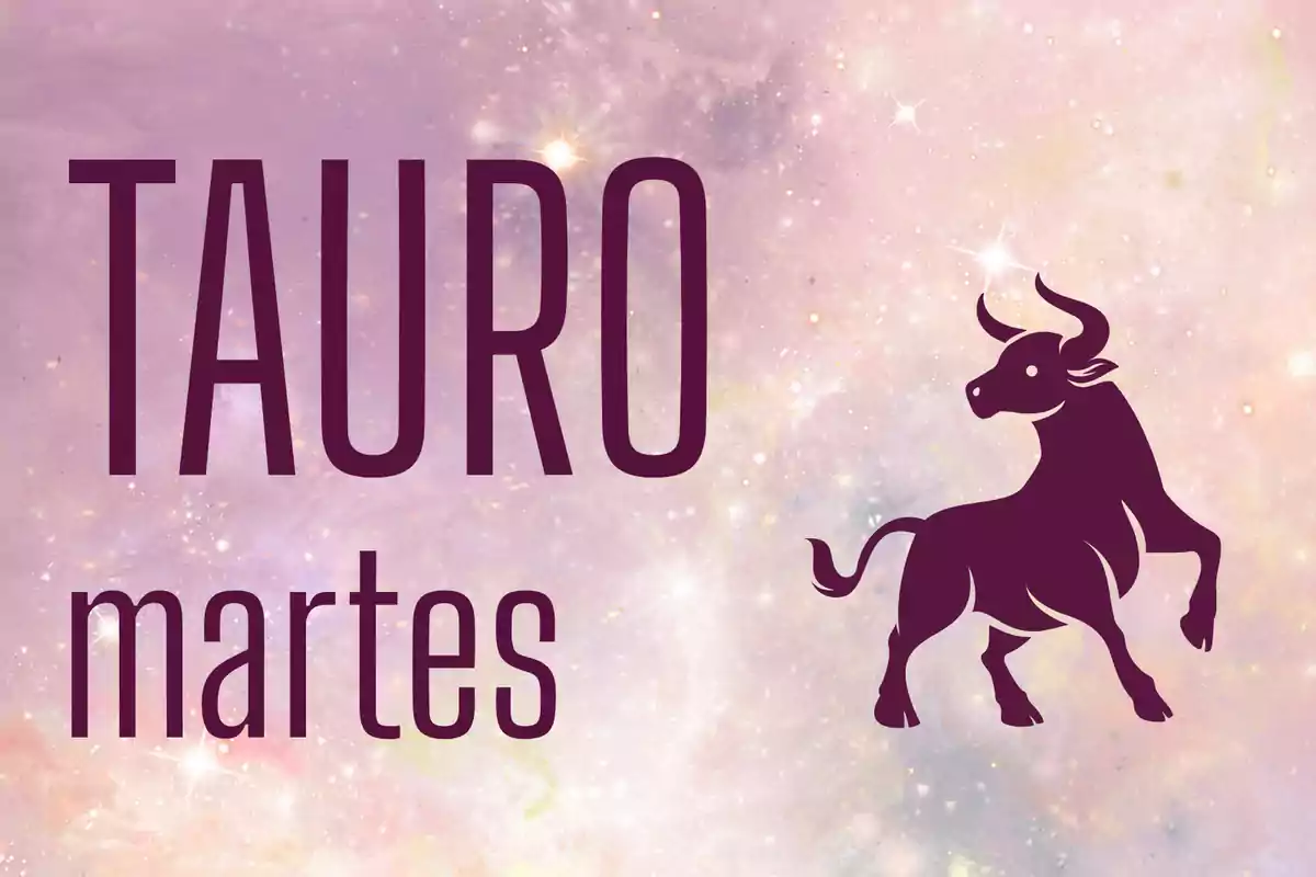 Imagen con fondo de estrellas y tonos rosados que muestra la palabra Tauro, el día martes y la silueta de un toro.