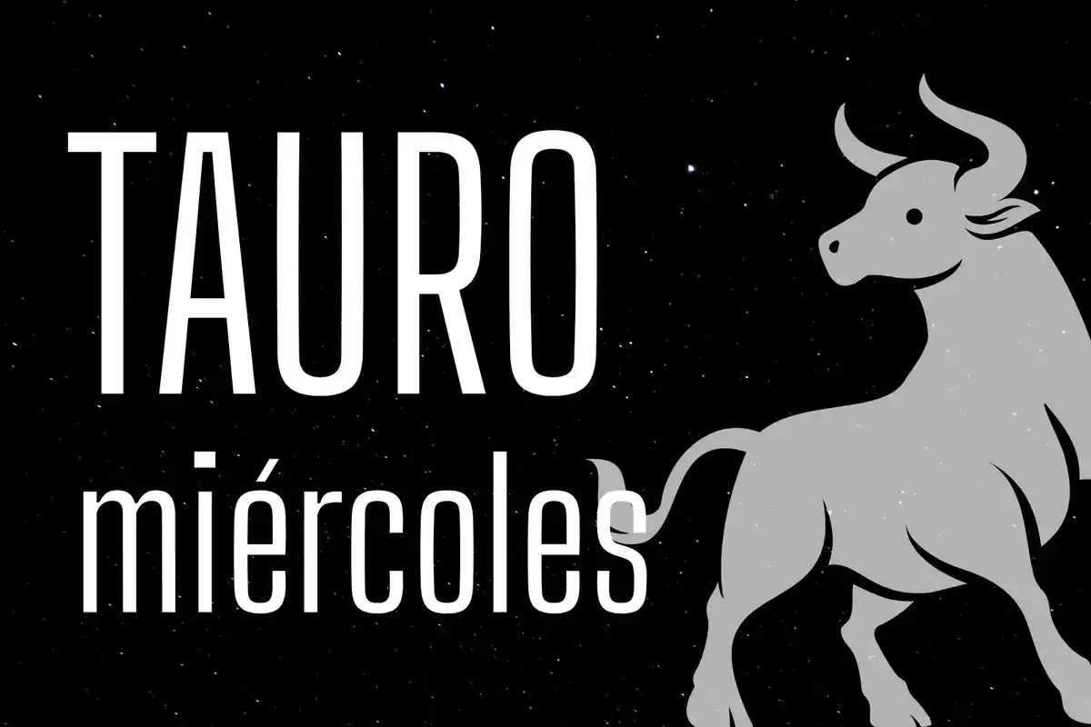 Fondo de estrellas con la palabra Tauro, la palabra miércoles y la silueta de un toro.