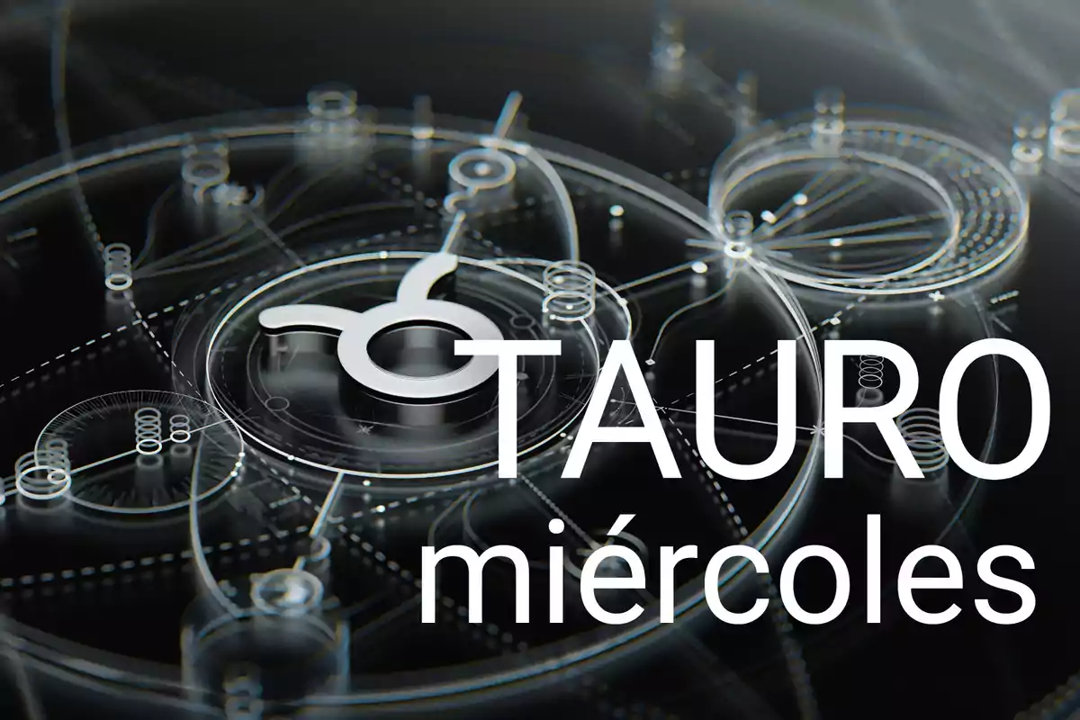 Símbolo de Tauro en el centro de un fondo futurista con la palabra Tauro y miércoles en letras grandes blancas