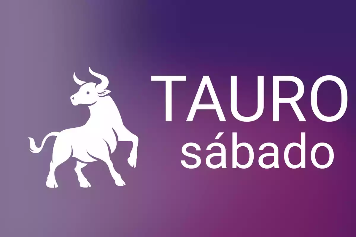 Ilustración de un toro blanco junto a las palabras Tauro sábado sobre un fondo degradado en tonos morados.