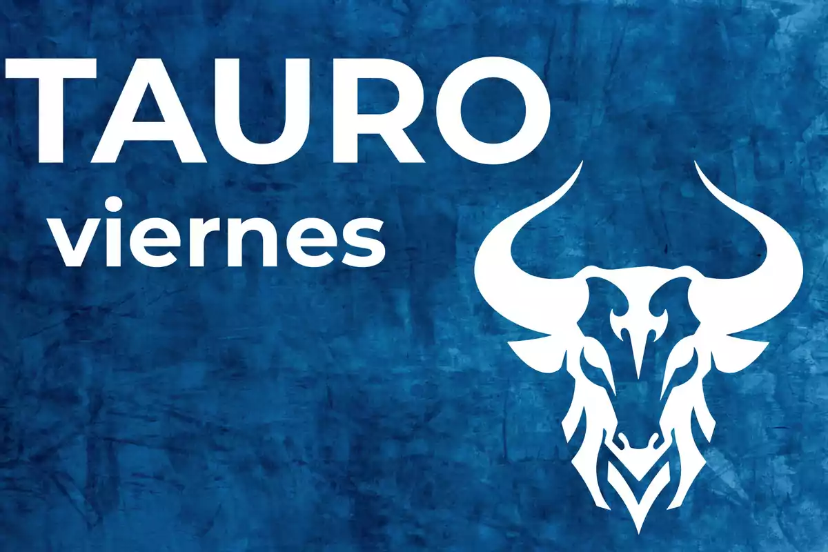 Fondo azul con la palabra Tauro en grande, viernes en letras más pequeñas y la silueta de un toro blanco a la derecha