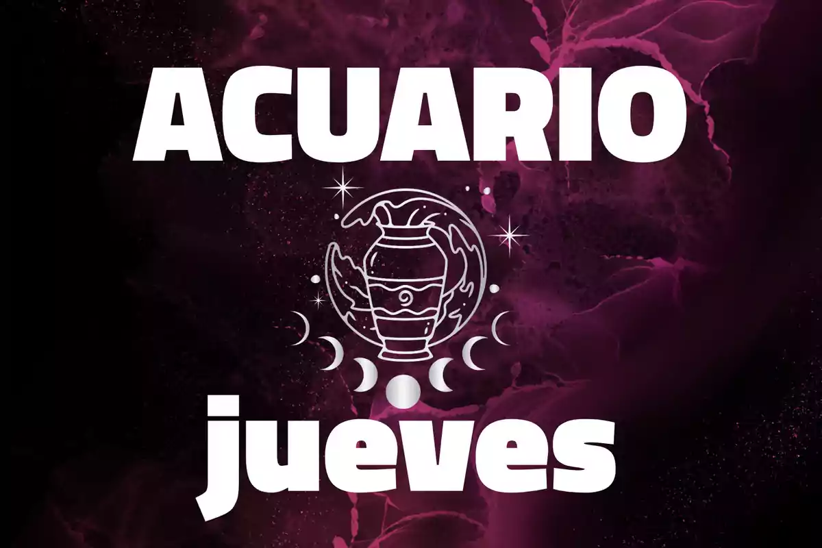 Imagen con fondo púrpura que muestra la palabra Acuario en la parte superior, un símbolo de un jarrón rodeado de estrellas y fases lunares en el centro, y la palabra jueves en la parte inferior
