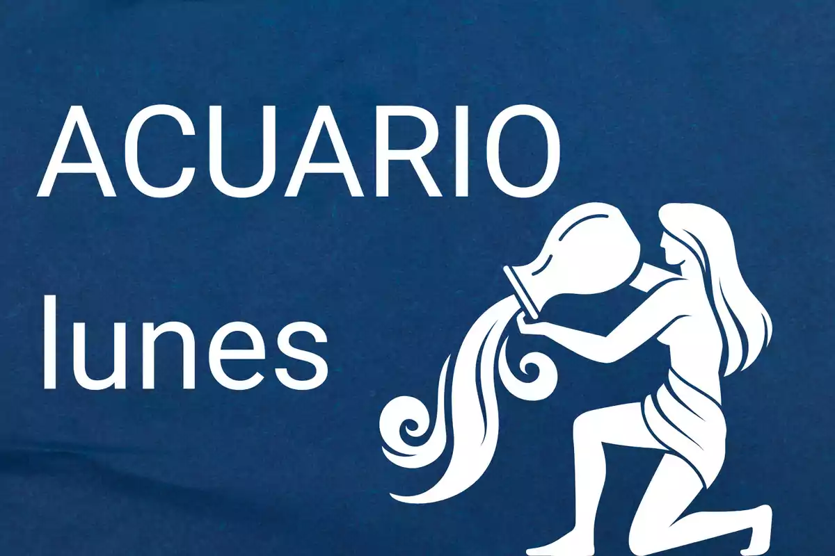 Fondo azul con la palabra Acuario, la palabra lunes y la silueta de una mujer vertiendo agua de una vasija