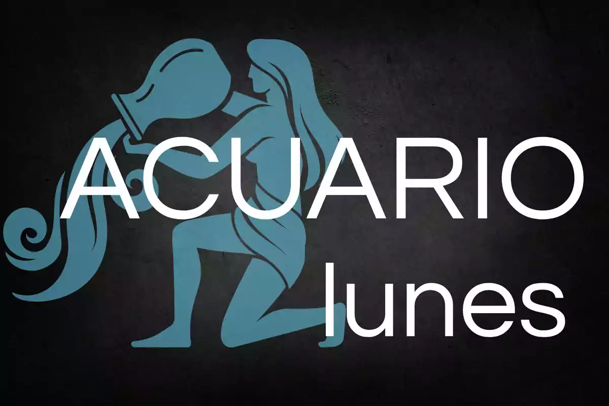 Ilustración azul de un portador de agua con las palabras Acuario y lunes sobre un fondo oscuro