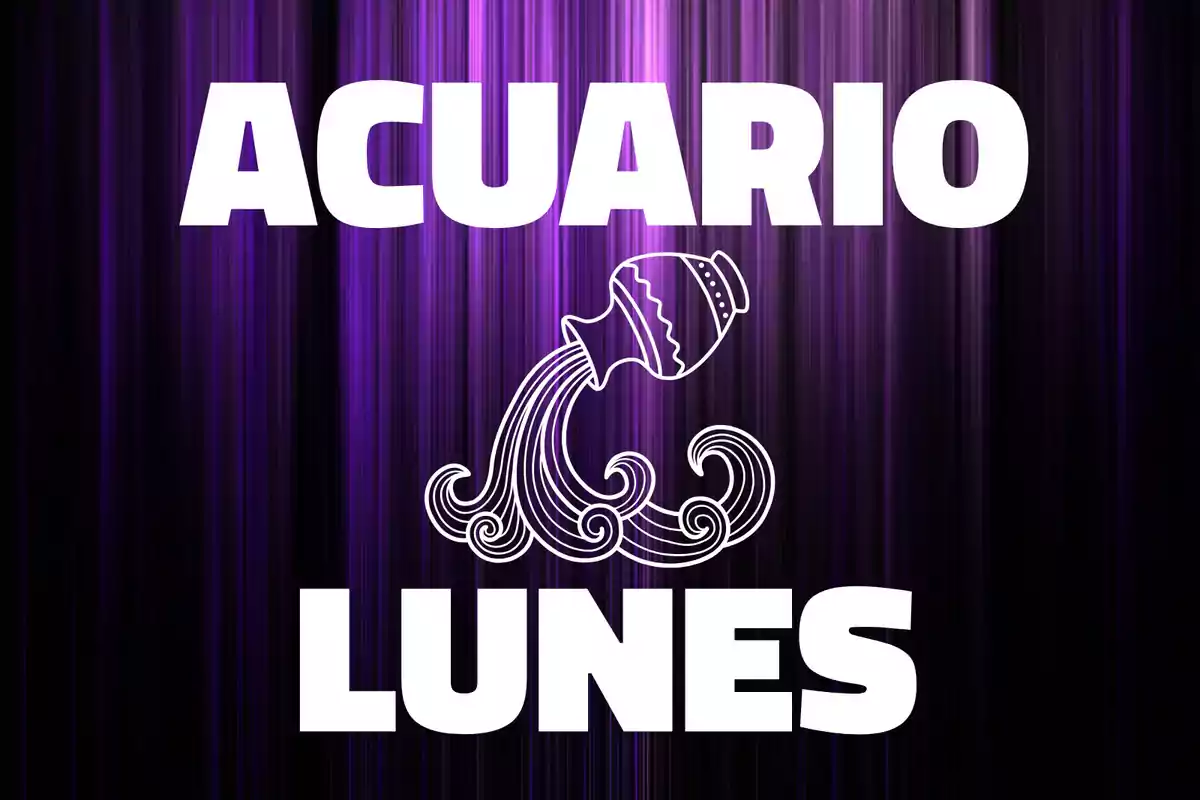 Fondo de líneas moradas con la palabra Acuario en la parte superior, un dibujo de una jarra vertiendo agua en el centro y la palabra Lunes en la parte inferior