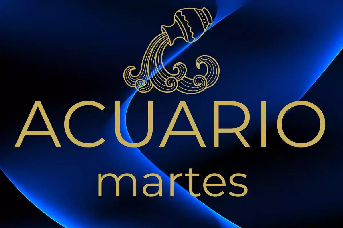 Fondo azul con líneas brillantes, un dibujo dorado de un cántaro vertiendo agua y las palabras Acuario martes en letras grandes y doradas