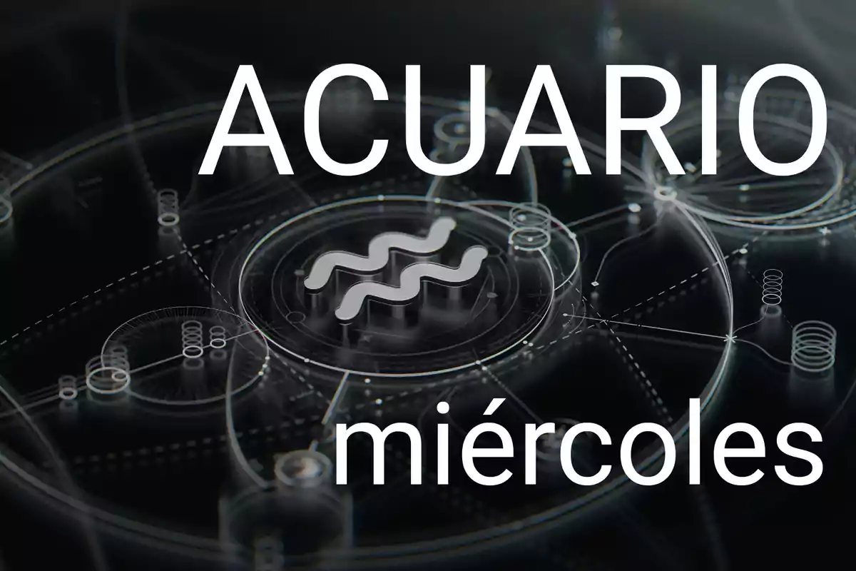 Fondo oscuro con un diseño futurista y el símbolo de Acuario en el centro acompañado de las palabras Acuario y miércoles en letras grandes blancas
