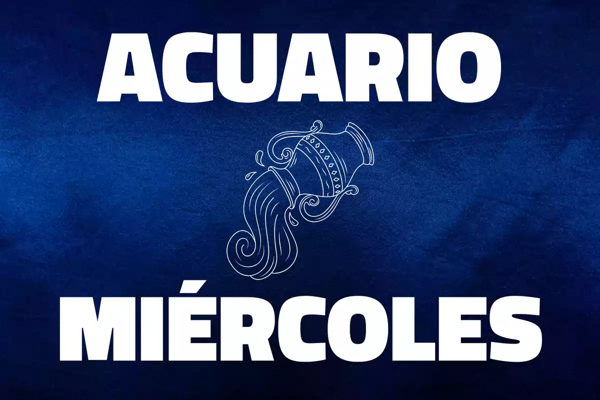 Fondo azul con la palabra Acuario en la parte superior, un dibujo de una jarra vertiendo agua en el centro y la palabra Miércoles en la parte inferior