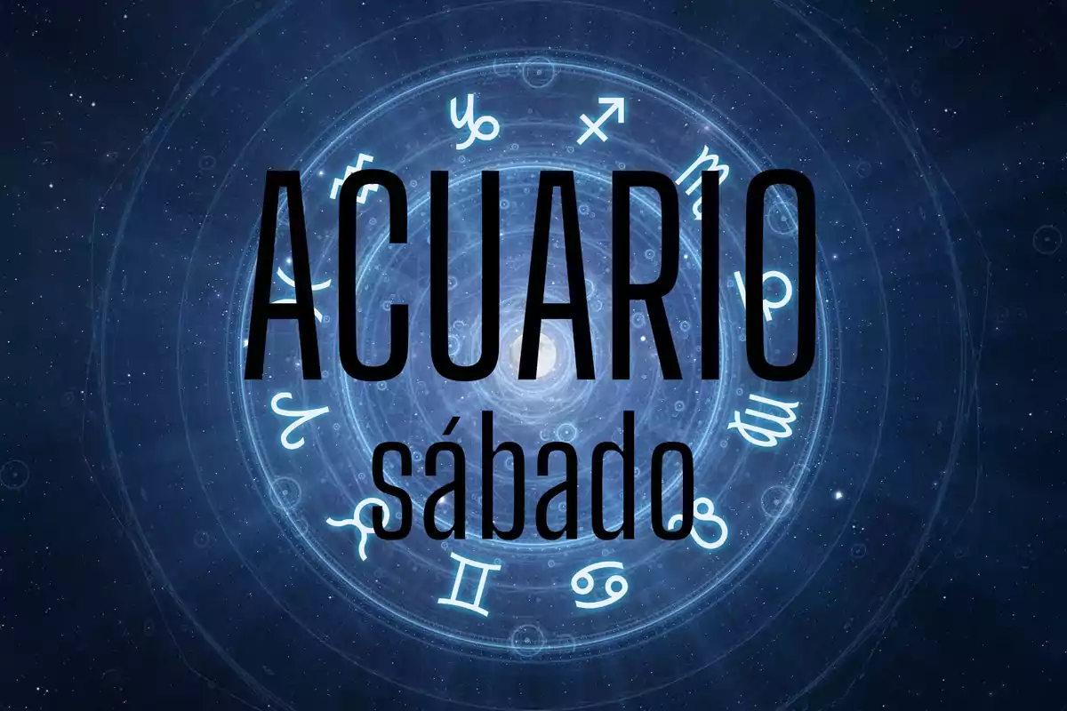 Fondo azul oscuro con símbolos zodiacales y el texto Acuario sábado en el centro