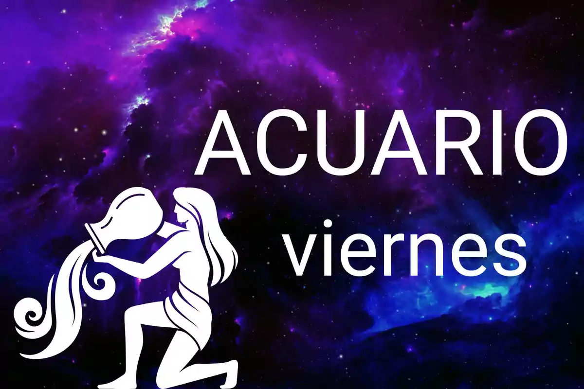 Fondo de galaxia en tonos morados con la palabra Acuario, viernes y el símbolo del signo zodiacal Acuario.
