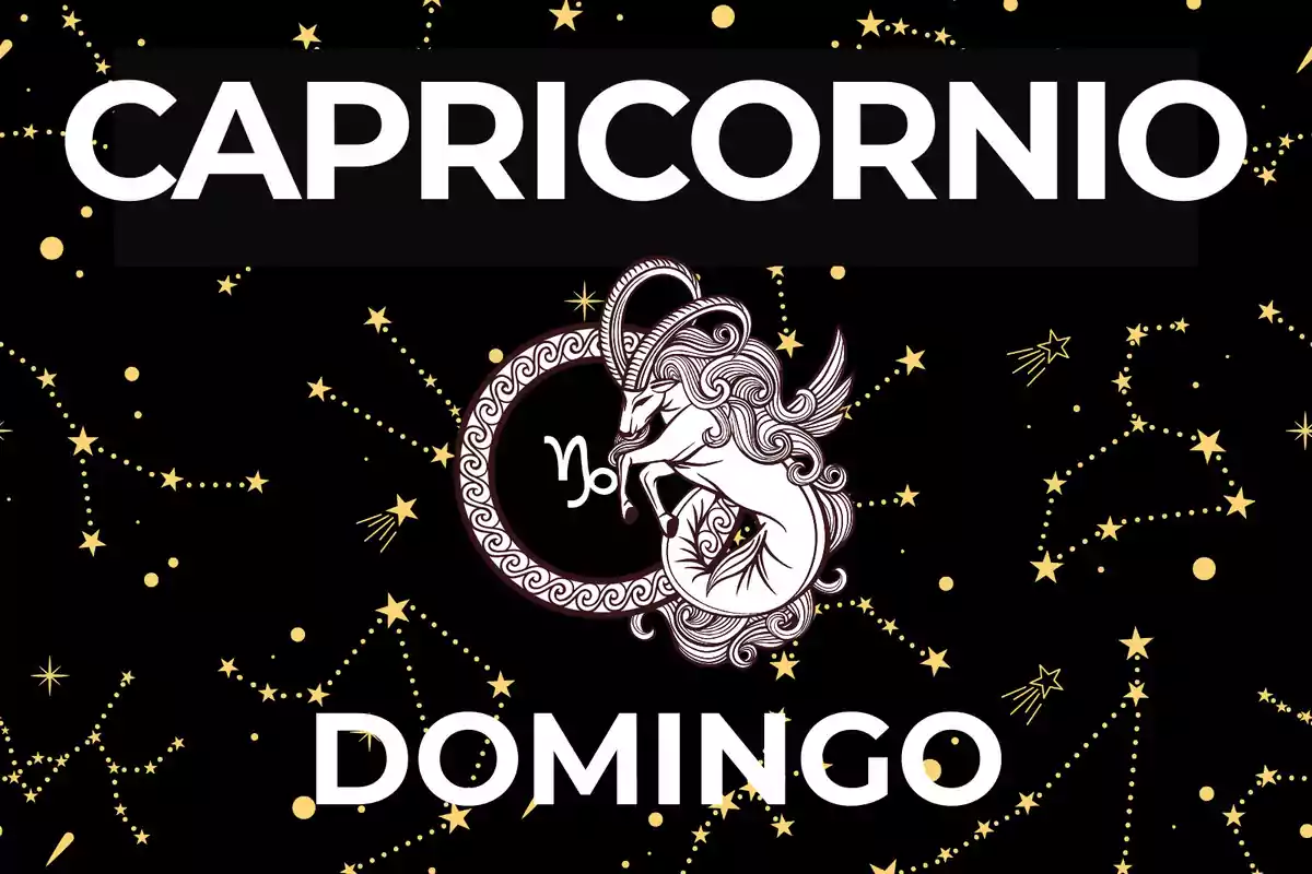 Imagen con fondo de estrellas doradas, el texto dice Capricornio en la parte superior y Domingo en la parte inferior, en el centro hay una ilustración de una cabra estilizada representando el signo zodiacal de Capricornio.