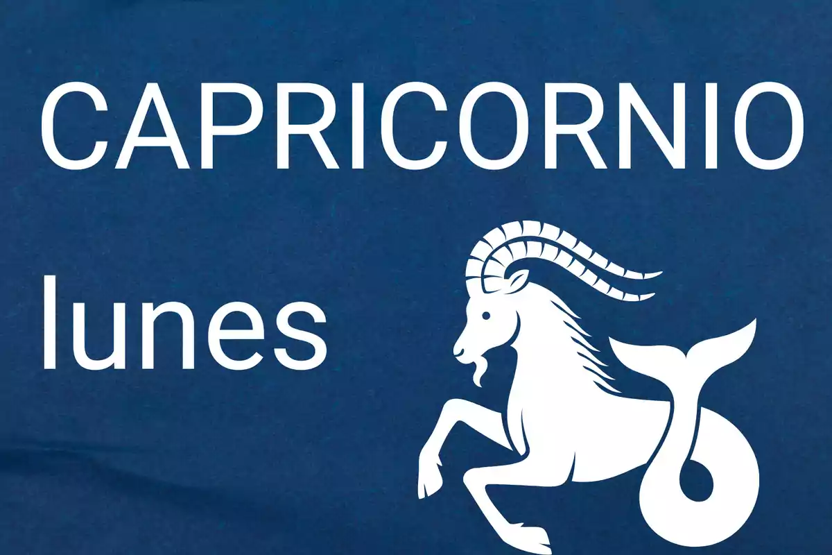 Fondo azul con la palabra Capricornio en la parte superior, lunes en la parte inferior izquierda y la figura de una cabra con cola de pez a la derecha