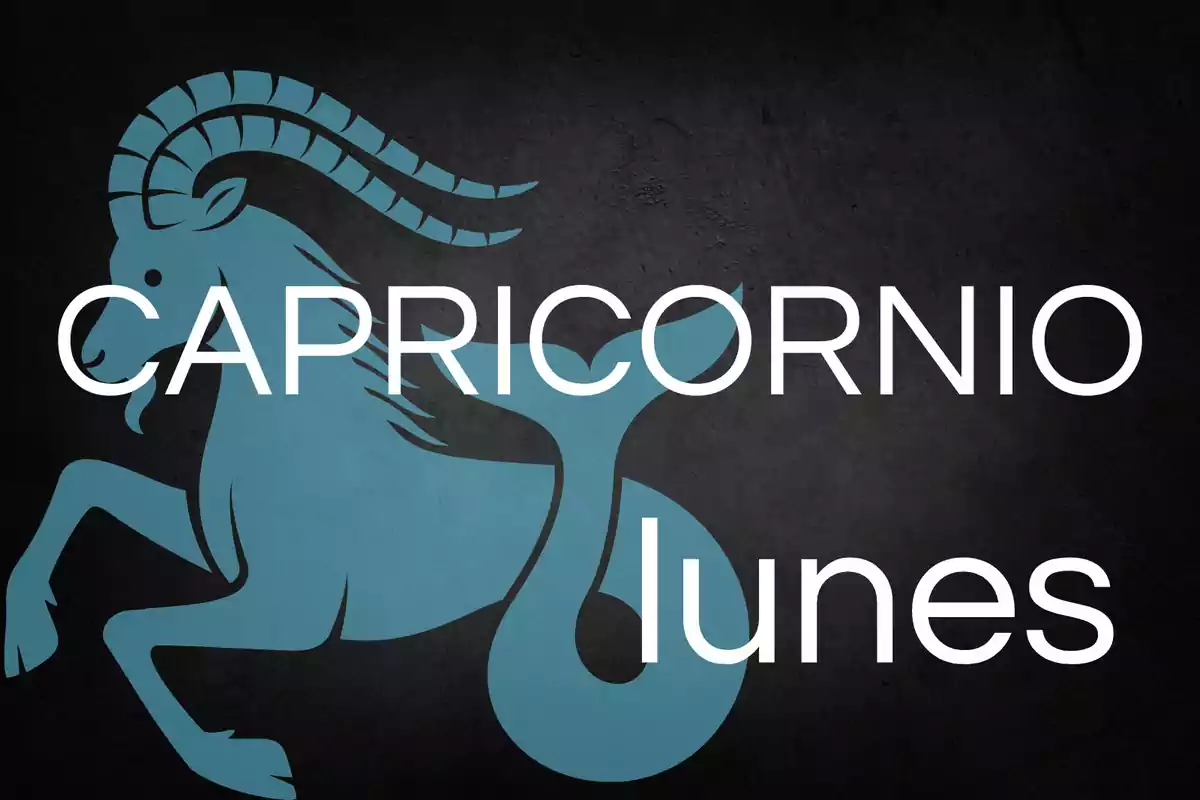 Ilustración de un símbolo de Capricornio en color azul con fondo oscuro y las palabras Capricornio y lunes en letras grandes blancas