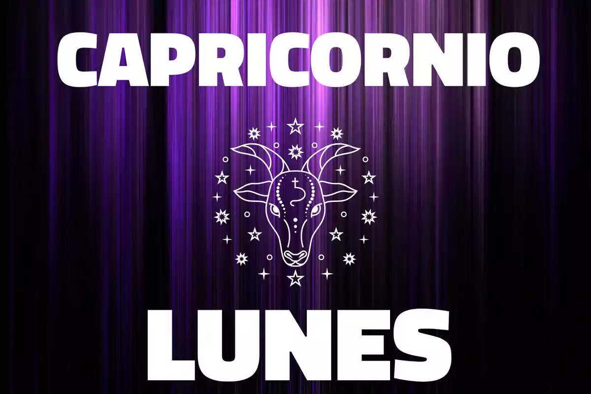 Fondo morado con líneas verticales, dibujo de una cabra rodeada de estrellas y las palabras Capricornio y Lunes en letras grandes blancas