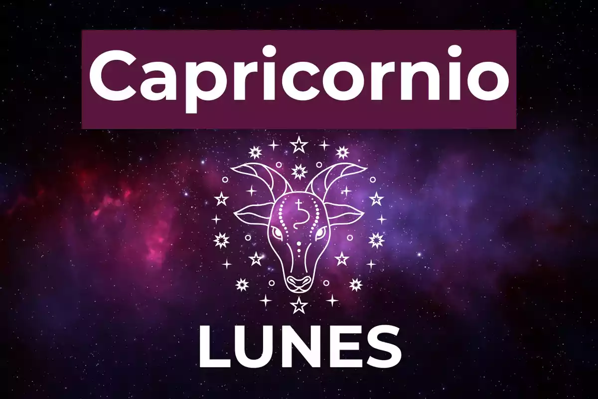 Fondo de galaxia con la palabra Capricornio en la parte superior, un dibujo de cabra rodeada de estrellas en el centro y la palabra lunes en la parte inferior