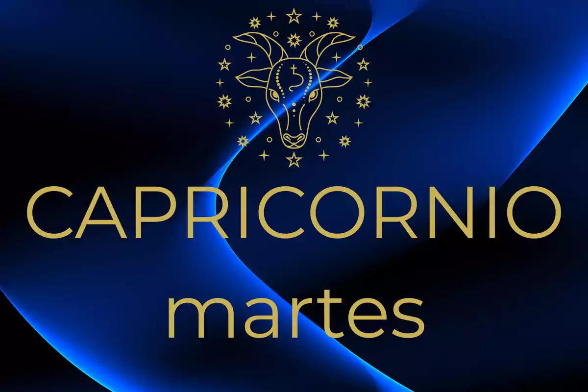 Fondo azul con líneas curvas y el texto Capricornio martes acompañado de un dibujo dorado de una cabra rodeada de estrellas.