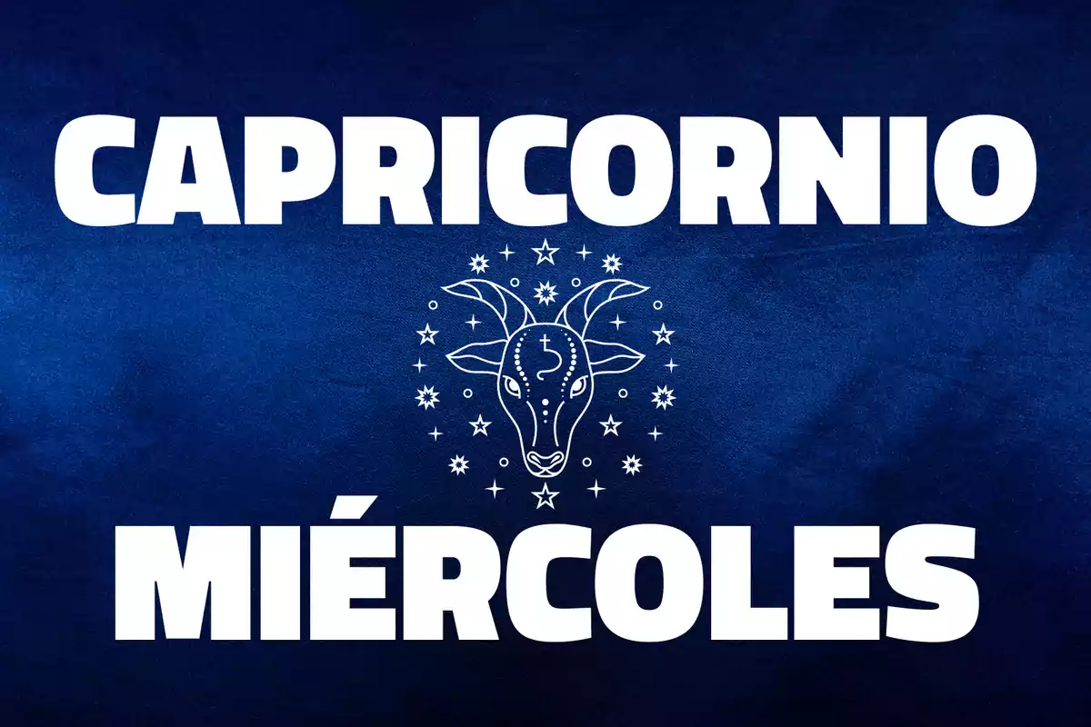 Imagen con fondo azul que muestra la palabra Capricornio en la parte superior, un dibujo de una cabra rodeada de estrellas en el centro y la palabra Miércoles en la parte inferior