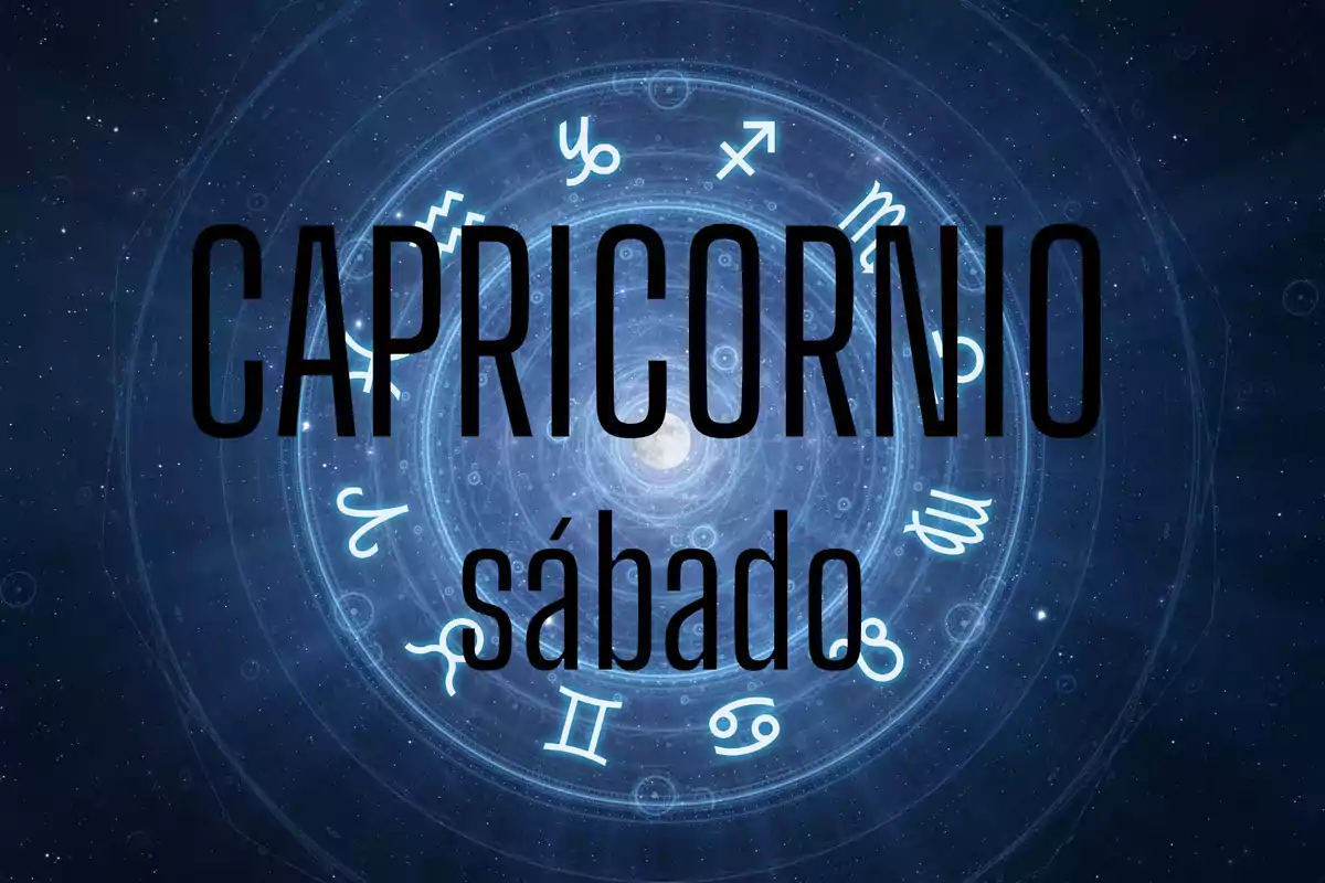 Fondo azul oscuro con símbolos zodiacales y las palabras Capricornio sábado en el centro
