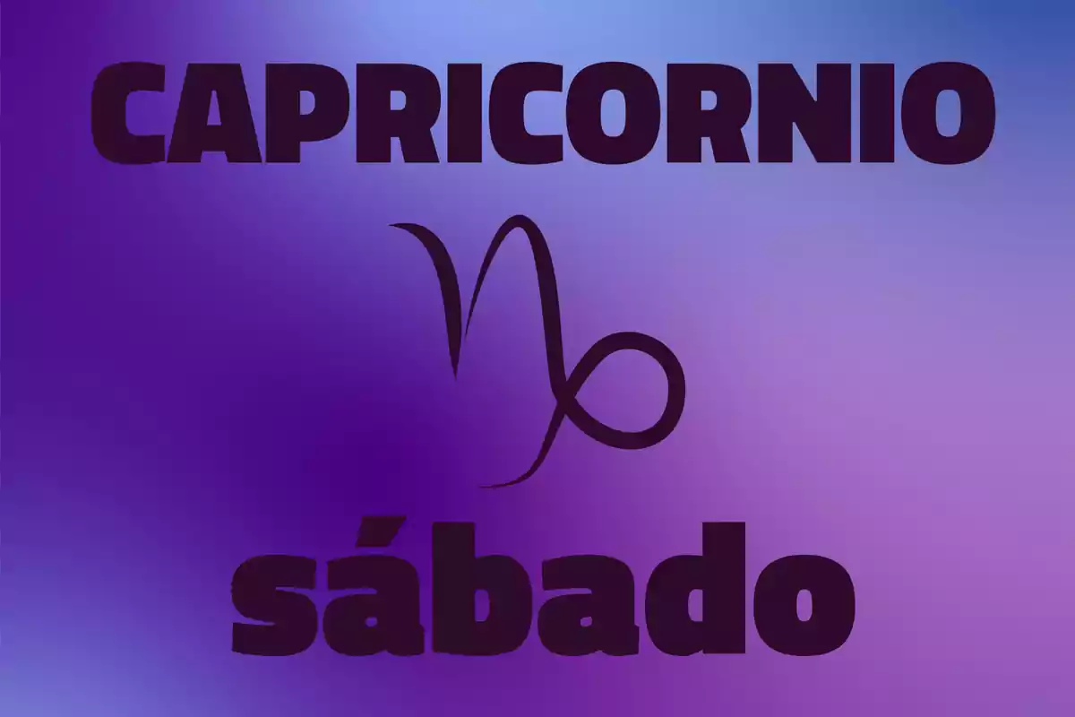 Fondo degradado en tonos morados con la palabra Capricornio en la parte superior, el símbolo del signo zodiacal en el centro y la palabra sábado en la parte inferior