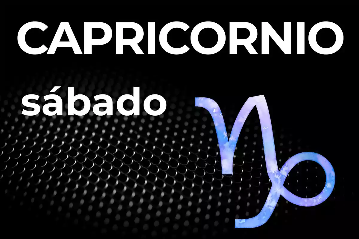 Imagen con la palabra Capricornio en letras grandes, la palabra sábado y el símbolo del signo zodiacal Capricornio sobre un fondo negro con patrón de puntos.