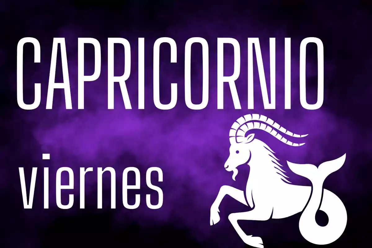 Fondo morado con la palabra Capricornio en grande, la palabra viernes debajo y la silueta de una cabra con cola de pez a la derecha.