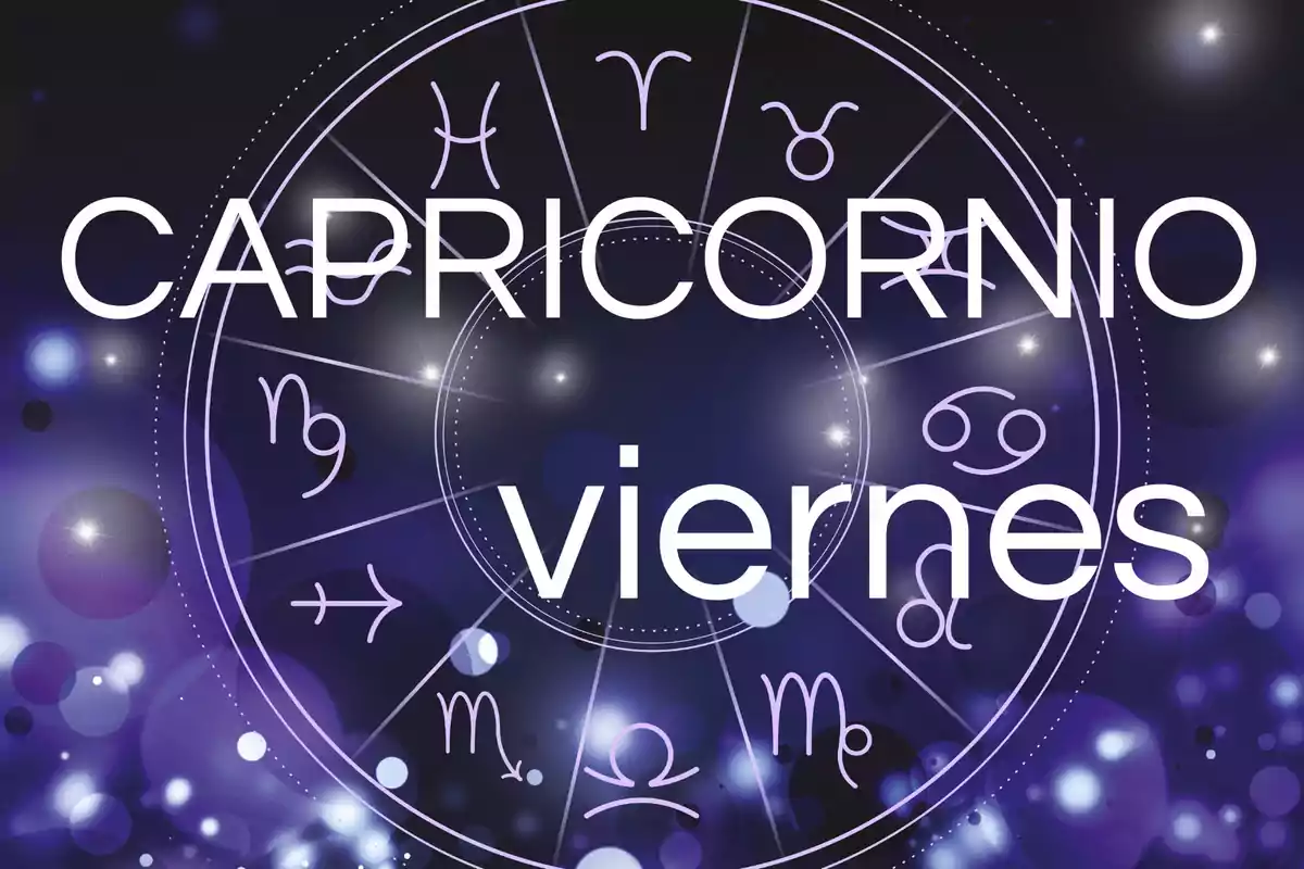Fondo púrpura con símbolos zodiacales y las palabras Capricornio viernes en letras grandes blancas