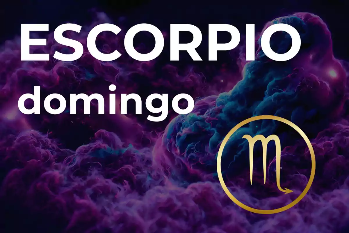 Imagen con fondo de nubes moradas y azules, texto grande que dice Escorpio domingo y el símbolo dorado del signo zodiacal de Escorpio.