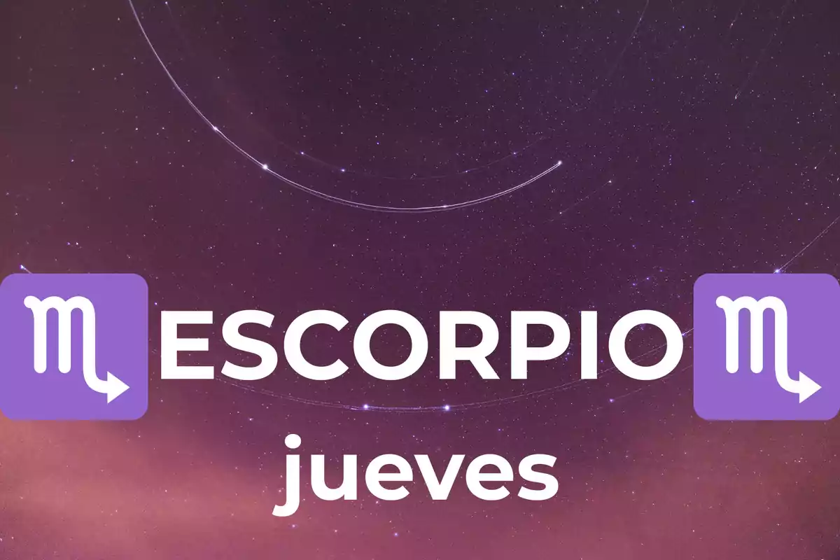 Fondo de cielo estrellado con la palabra Escorpio y el día jueves en letras grandes, acompañados del símbolo del signo zodiacal en color morado.