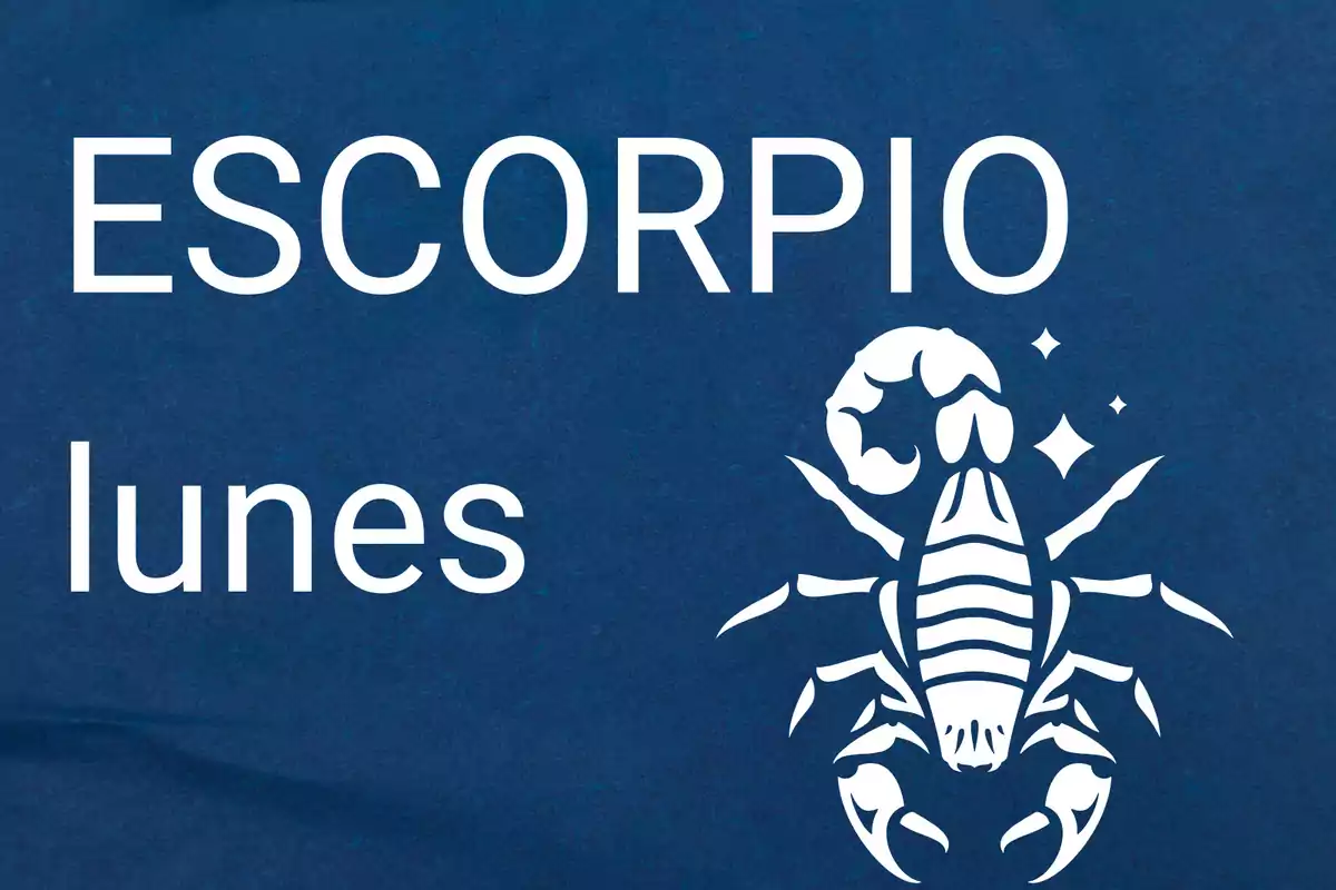 Fondo azul con la palabra Escorpio, el día lunes y la silueta de un escorpión blanco con estrellas.