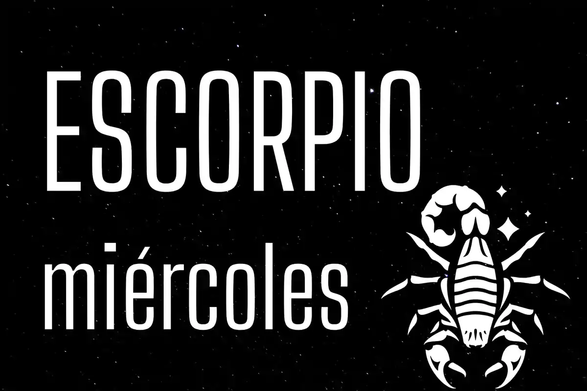 Fondo negro con estrellas, la palabra Escorpio en grande, miércoles en pequeño y un dibujo de un escorpión blanco