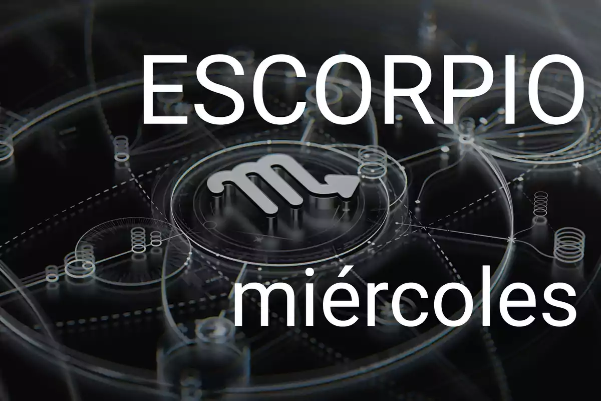 Fondo oscuro con el símbolo de Escorpio en el centro y las palabras Escorpio y miércoles en letras grandes blancas