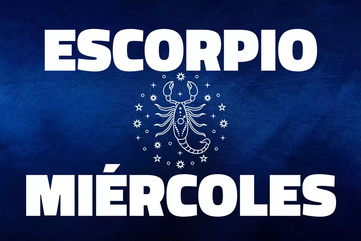 Fondo azul con la palabra Escorpio en la parte superior, un dibujo de un escorpión rodeado de estrellas en el centro y la palabra Miércoles en la parte inferior