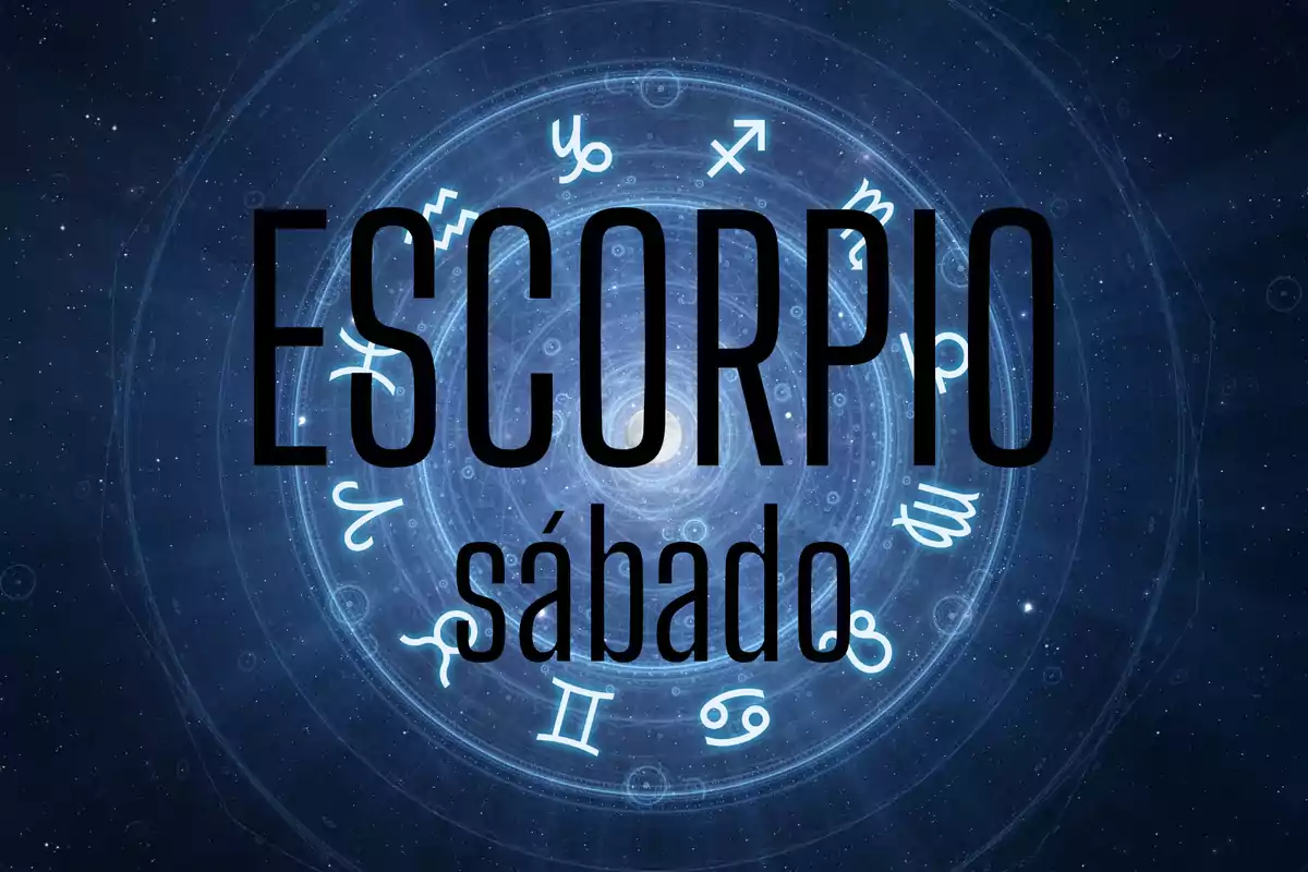 Fondo azul oscuro con símbolos zodiacales y las palabras Escorpio sábado en el centro